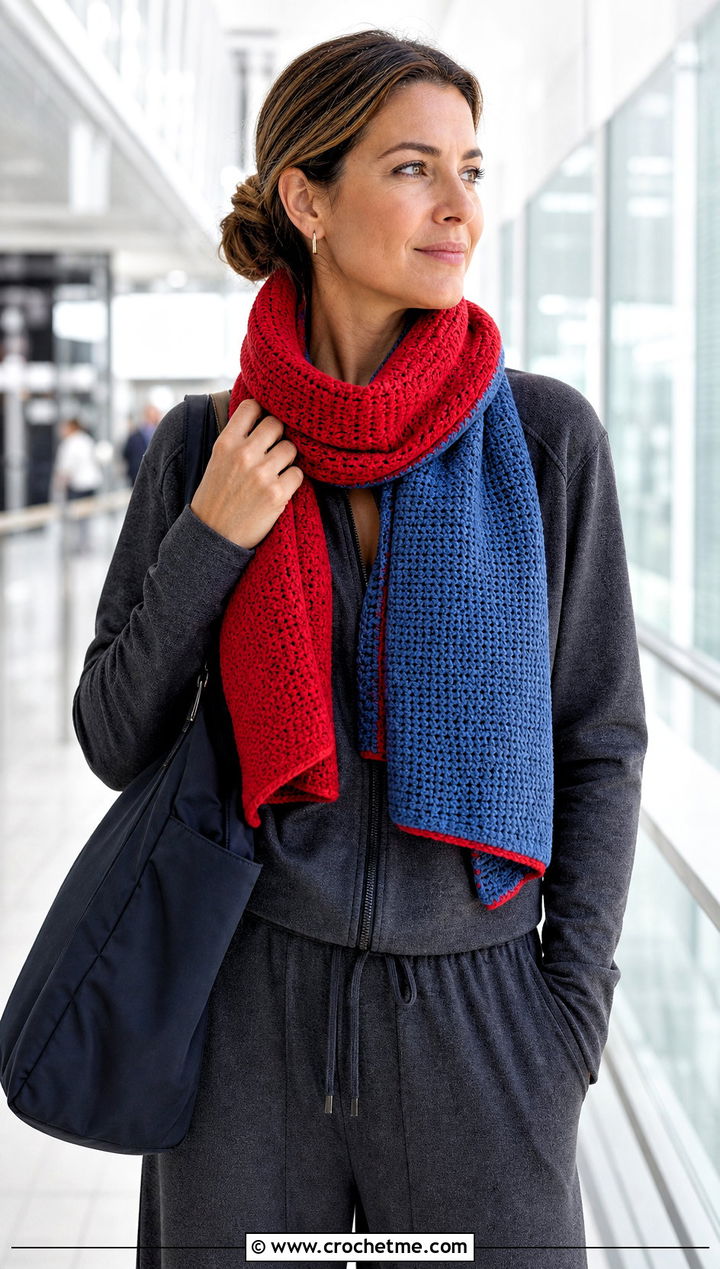 Reversible Crochet Cashmere Scarf With Athleisure Set - 25 crochet cashmere scarf outfit ideas