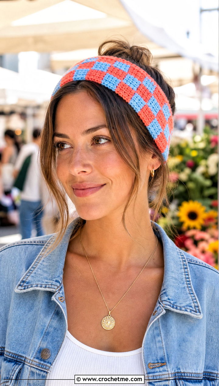 Reversible Crochet Checkered Headband With Denim Jacket And Maxi Skirt - 25 crochet checkered headband outfit ideas