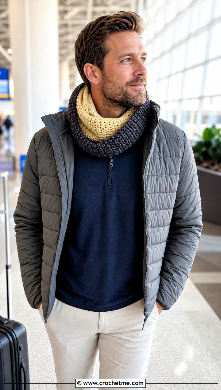 Reversible Crochet Cowl With Travel Outfit - 30 crochet cowl for men outfit ideas