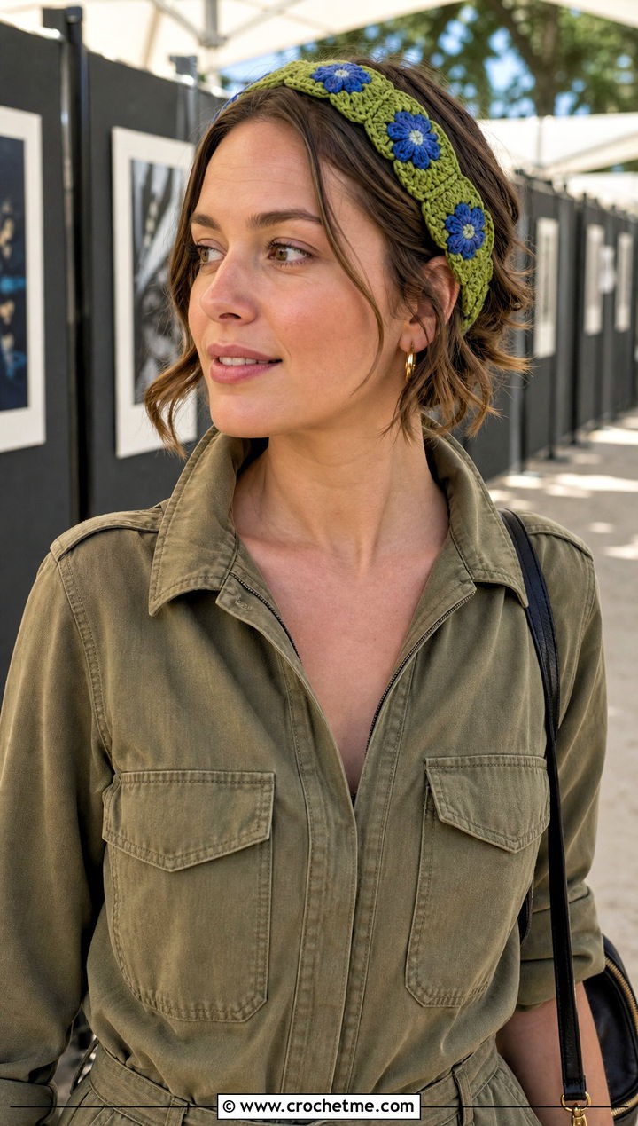 Reversible Crochet Daisy Headband With Utility Jumpsuit - 25 Crochet Daisy Headband outfit ideas