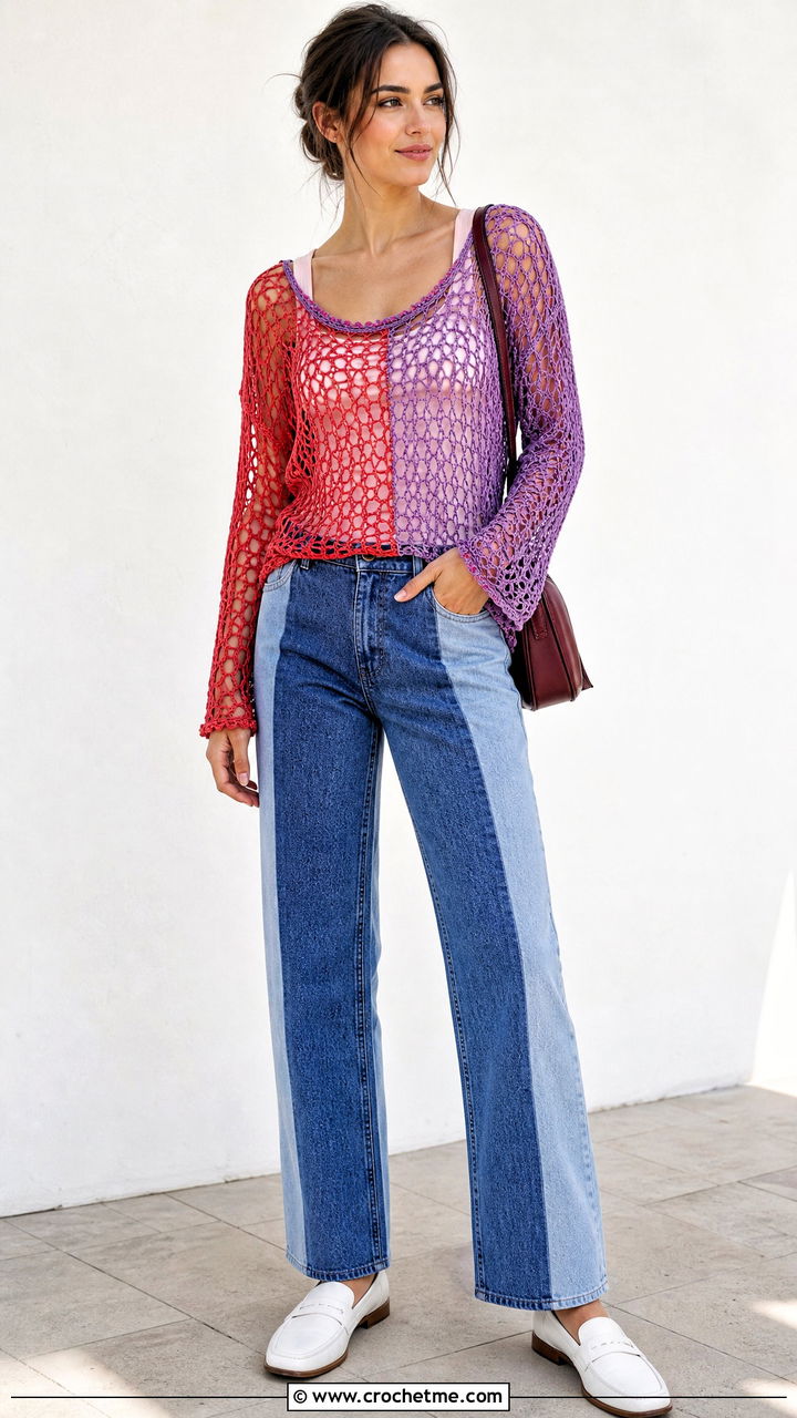 Reversible Crochet Fishnet Top With Two Tone Denim - 35 crochet fishnet top outfit ideas