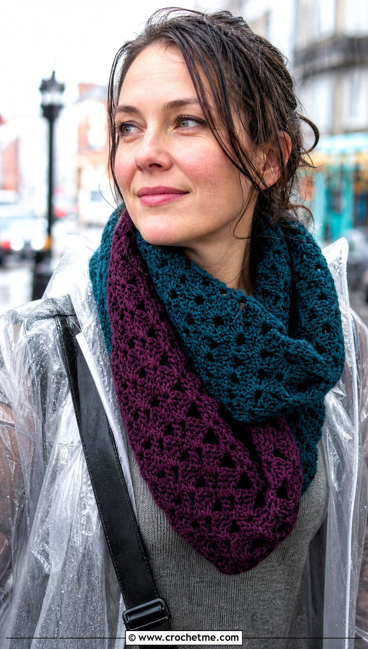Reversible Crochet Granny Stitch Scarf With Raincoat - 30 crochet granny stitch scarf outfit ideas