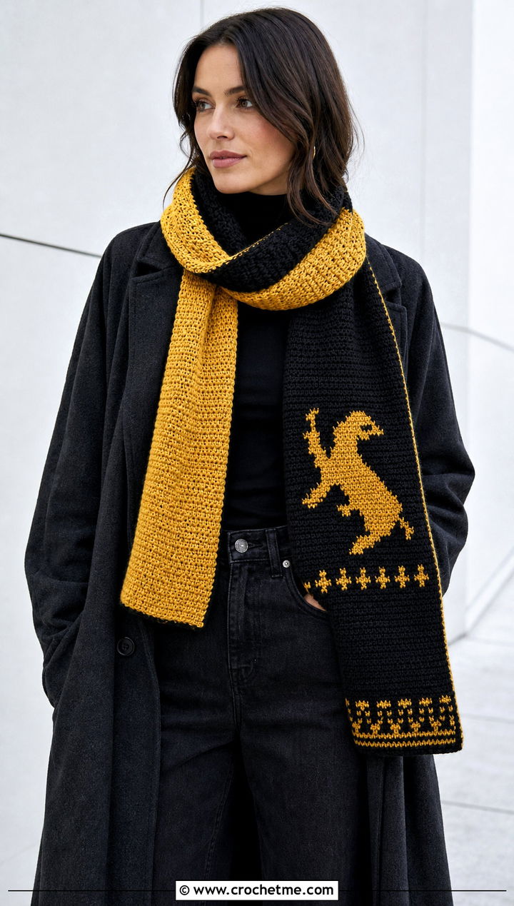 Reversible Crochet Hufflepuff Scarf With Monochrome Outfit - 30 crochet hufflepuff scarf outfit ideas