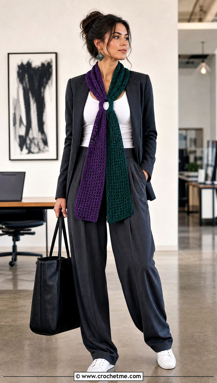 Reversible Crochet Keyhole Scarf With Relaxed Suit - 35 crochet keyhole scarf outfit ideas