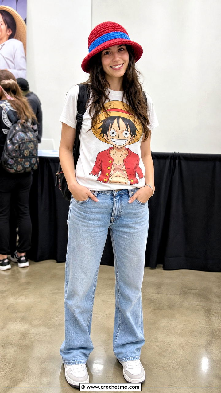 Reversible Crochet Luffy Hat With Graphic Tee - 35 crochet luffy hat outfit ideas