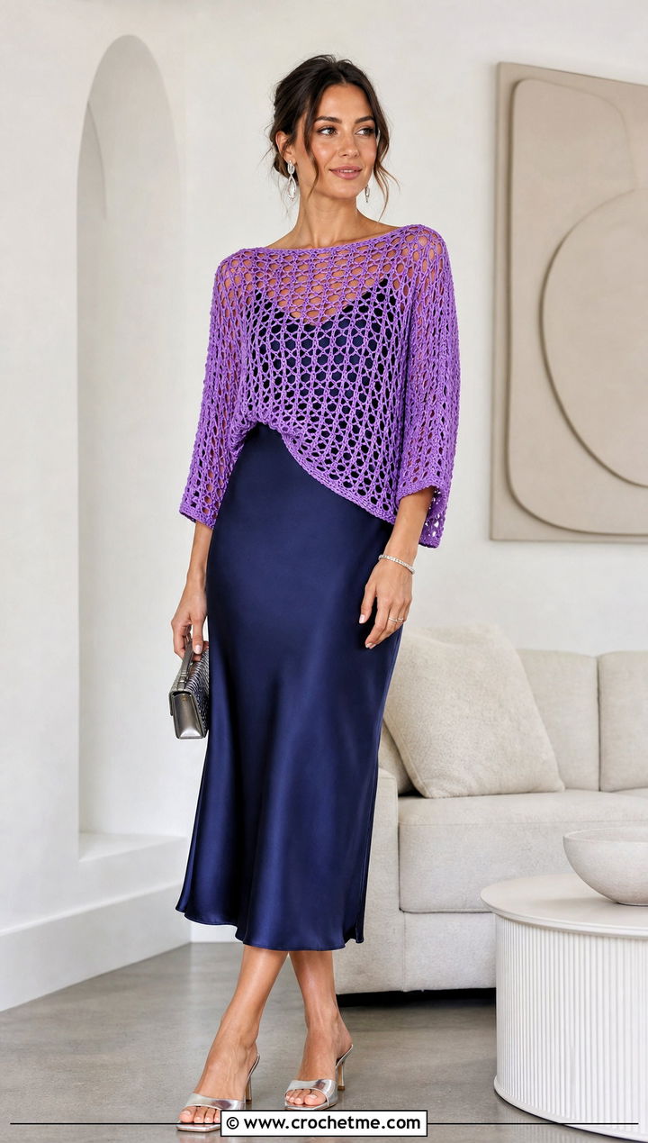 Reversible Crochet Mesh Top With Slip Dress - 25 Cute Crochet Mesh Top outfit ideas