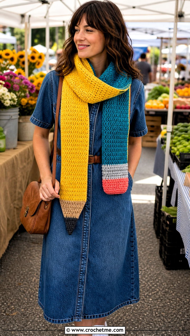 Reversible Crochet Pencil Scarf With Denim Dress - 25 Crochet Pencil Scarf outfit ideas