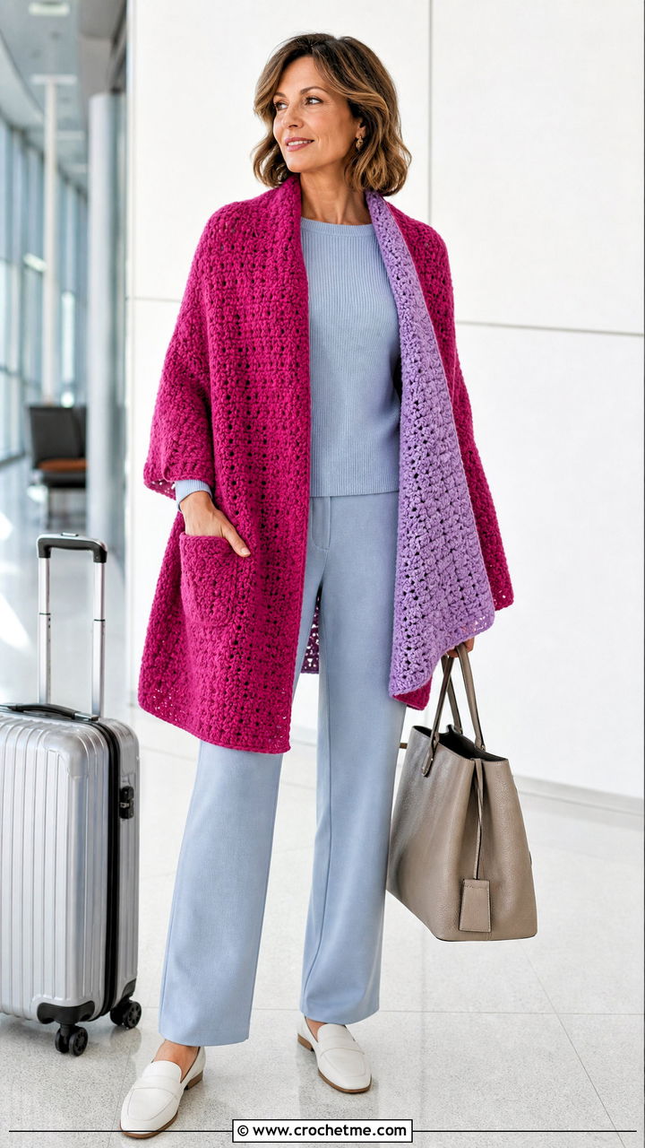 Reversible Crochet Pocket Shawl With Matching Set - 35 crochet pocket shawl outfit ideas