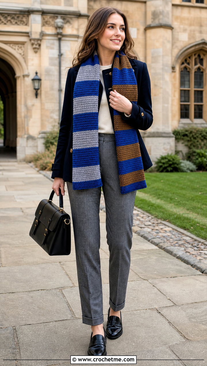 Reversible Crochet Ravenclaw Scarf With Plaid Pants - 35 crochet ravenclaw scarf outfit ideas