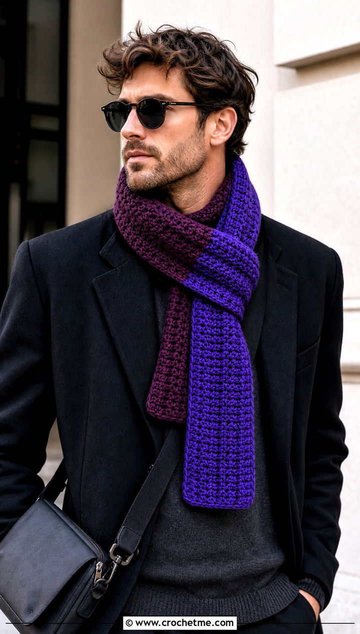 Reversible Crochet Scarf With Monochrome Outfit - 20 Mens Winter Crochet Scarf outfit ideas
