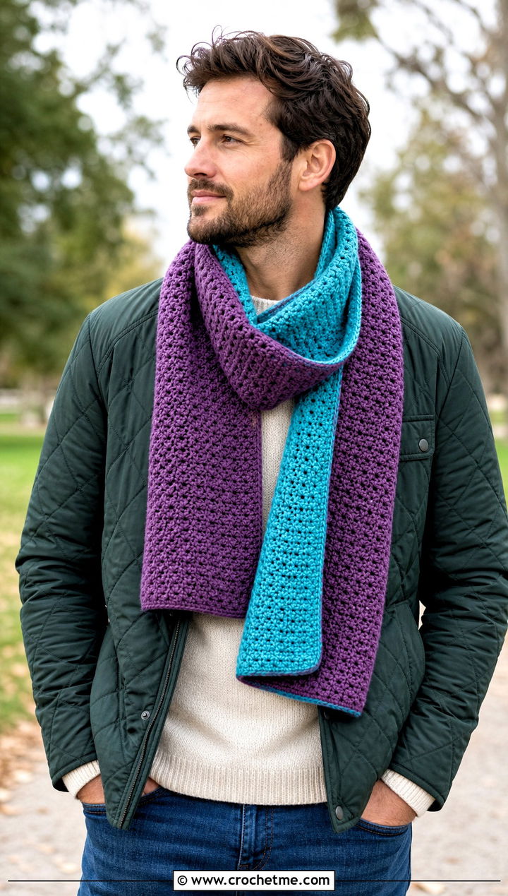 Reversible Crochet Scarf With Quilted Jacket - 30 crochet scarf ideas for men