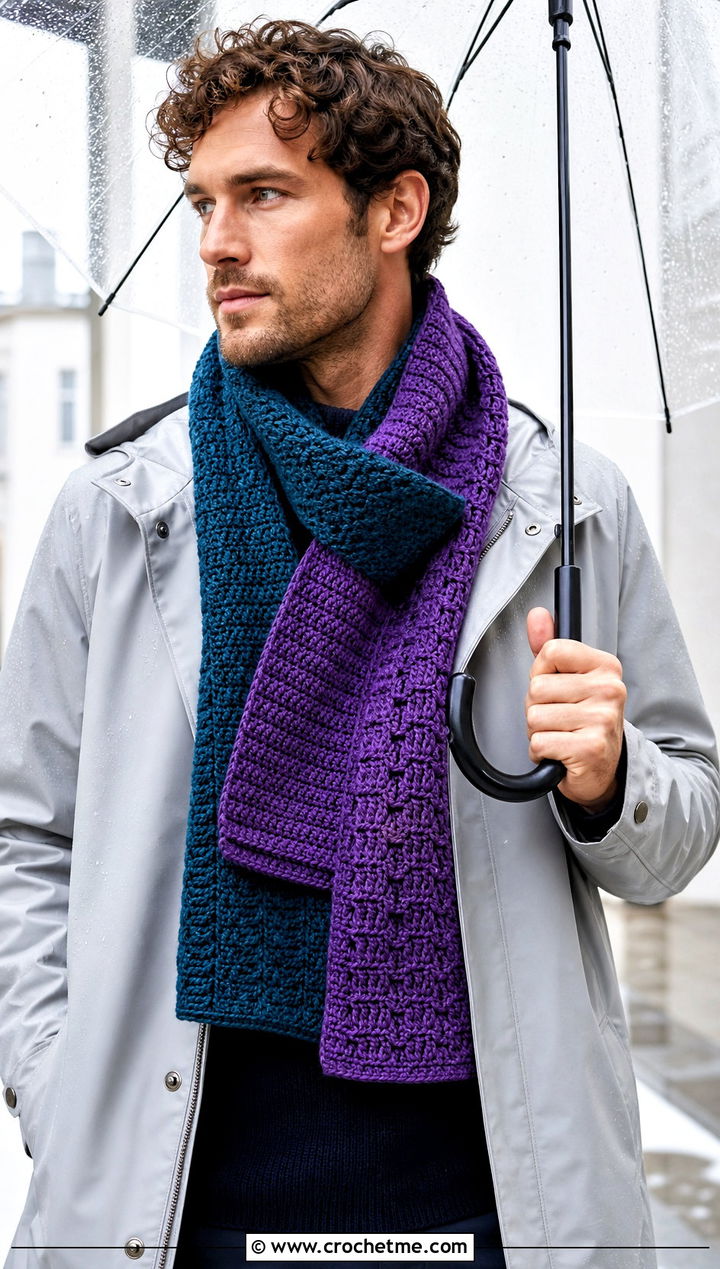 Reversible Crochet Scarf With Raincoat Outfit - 30 easy crochet scarf men outfit ideas