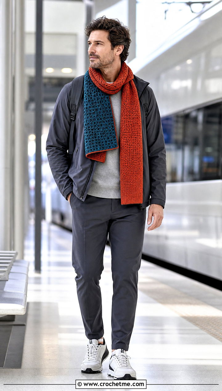 Reversible Crochet Scarf With Reversible Jacket - 35 men crochet scarf outfit ideas