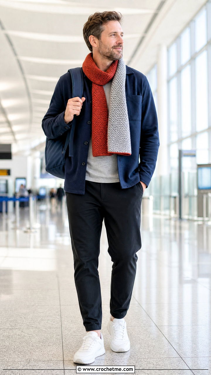 Reversible Crochet Scarf With Travel Outfit - 35 crochet scarf for men outfit ideas