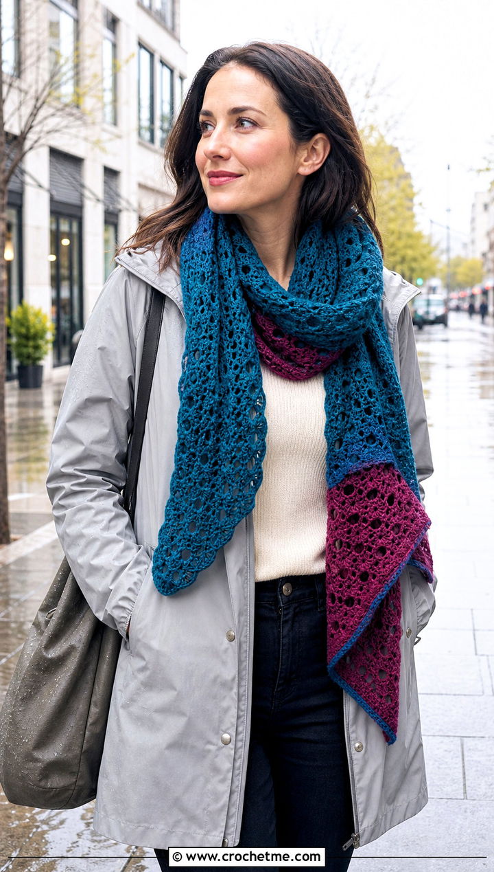 Reversible Crochet Shawl Scarf With Raincoat - 30 crochet shawl scarf outfit ideas
