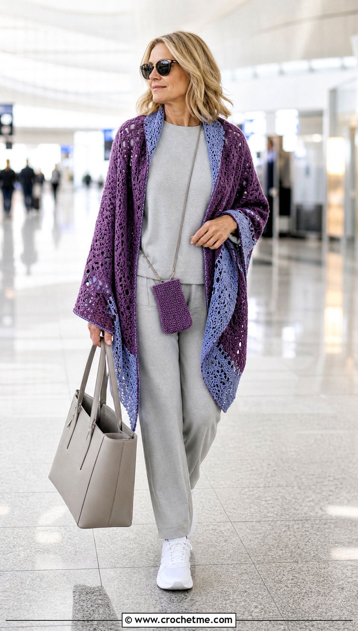Reversible Crochet Shawl With Knit Travel Set And Sneakers - 30 simple crochet shawls and wraps outfit ideas