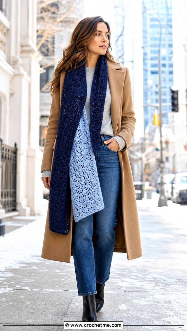 Reversible Crochet Shawl With Long Coat And Jeans - 35 easy crochet shawl outfit ideas