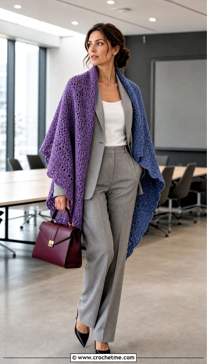 Reversible Crochet Shawl With Monochrome Suit - 25 beautiful crochet shawls and wraps outfit ideas