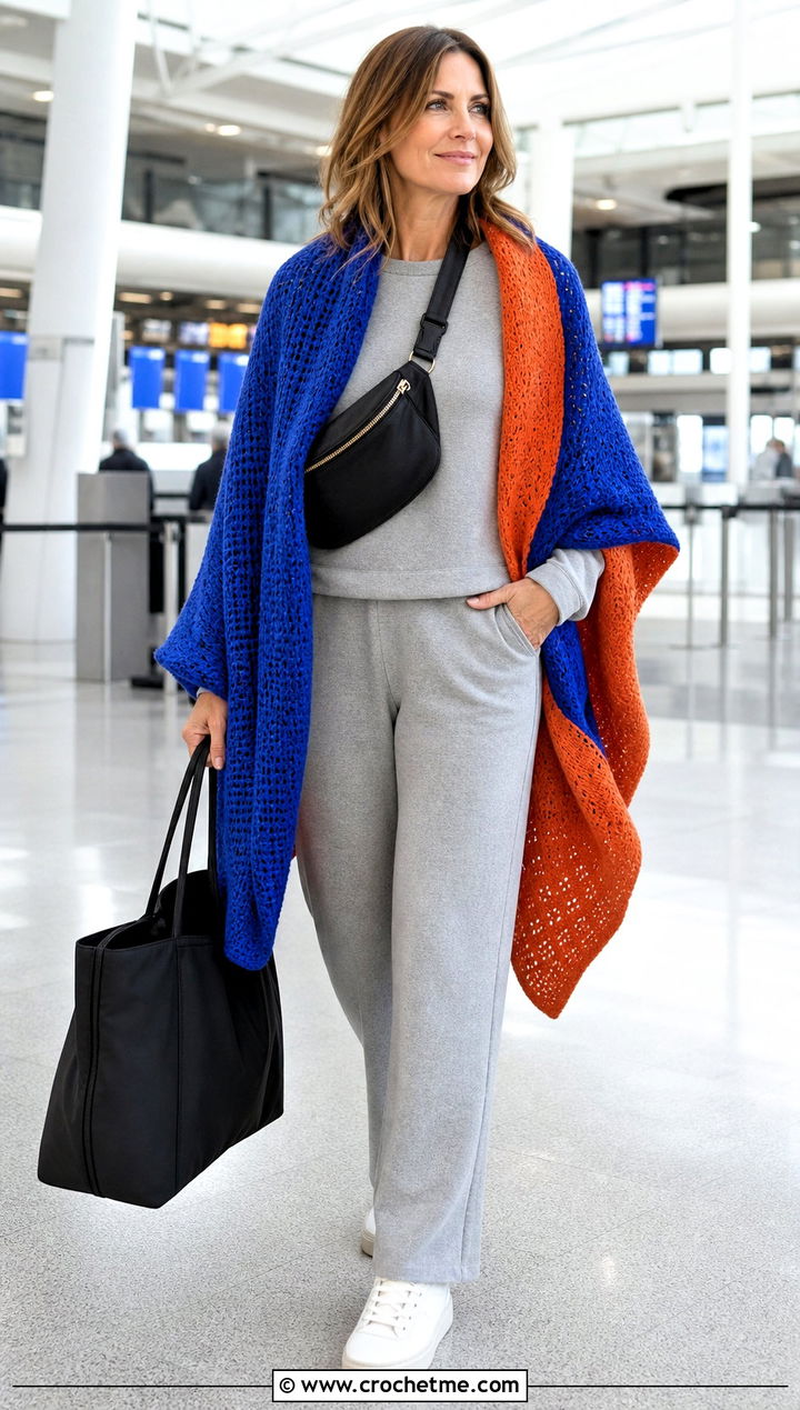 Reversible Crochet Shawl With Travel Lounge Set - 35 quick crochet shawl outfit ideas