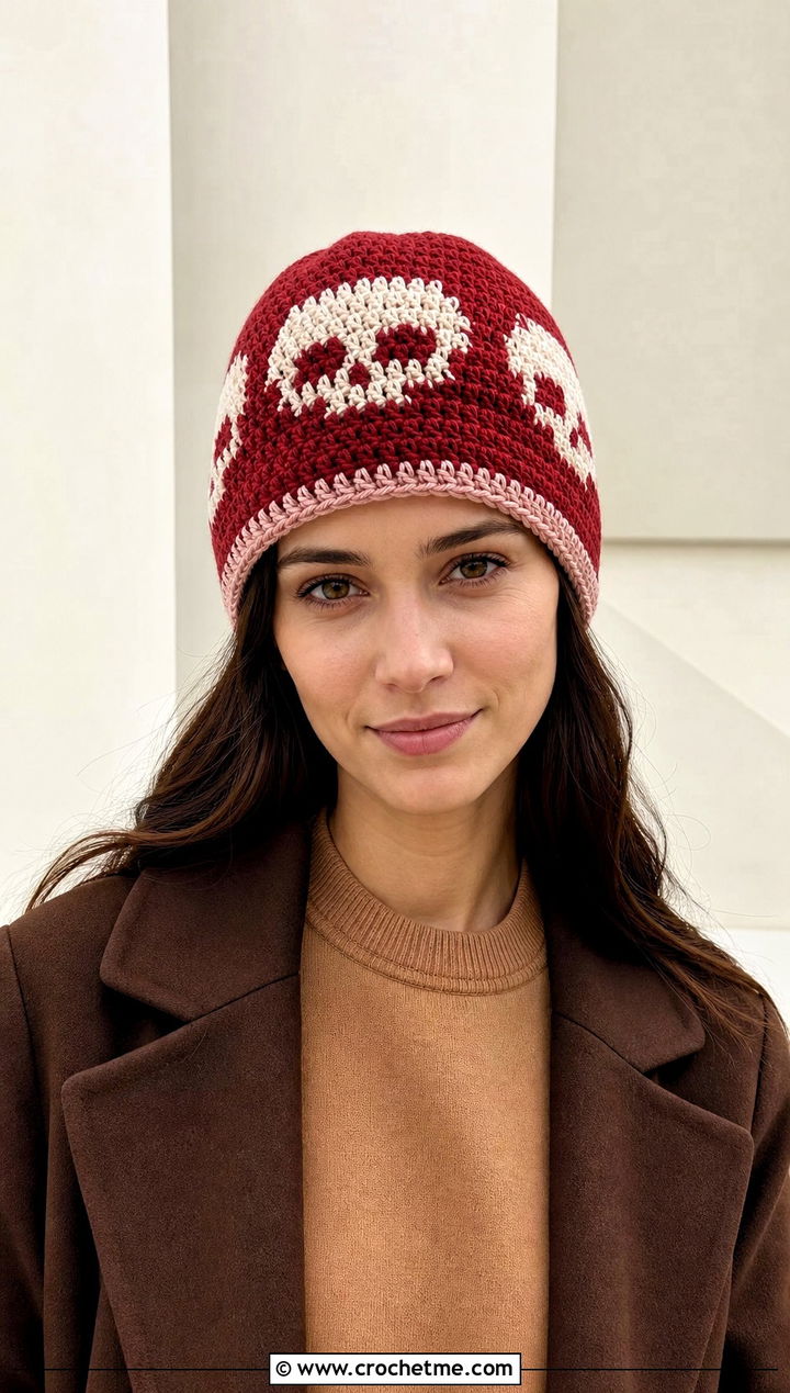 Reversible Crochet Skull Beanie With Minimal Outfit - 30 crochet skull beanie outfit ideas