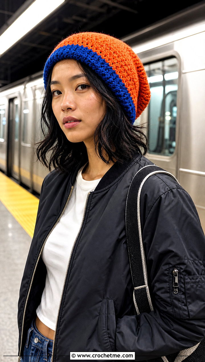 Reversible Crochet Slouch Hat With Bomber Jacket And Track Pants - 25 easy crochet slouch hat outfit ideas