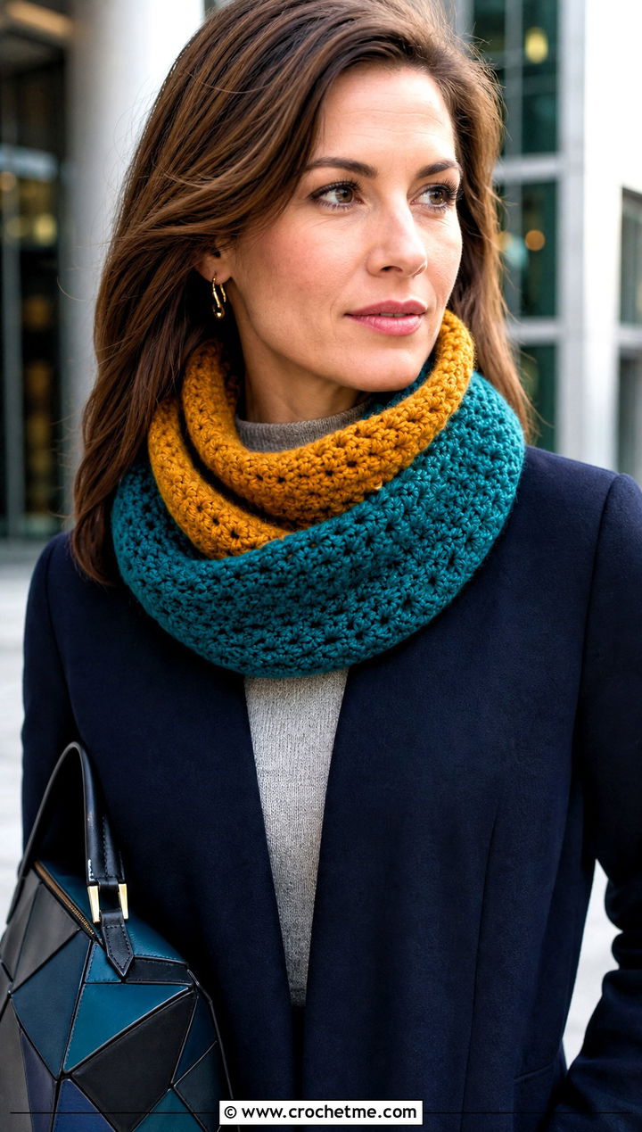 Reversible Crochet Snood Cowl With Minimalist Coat - 20 crochet snood cowl outfit ideas