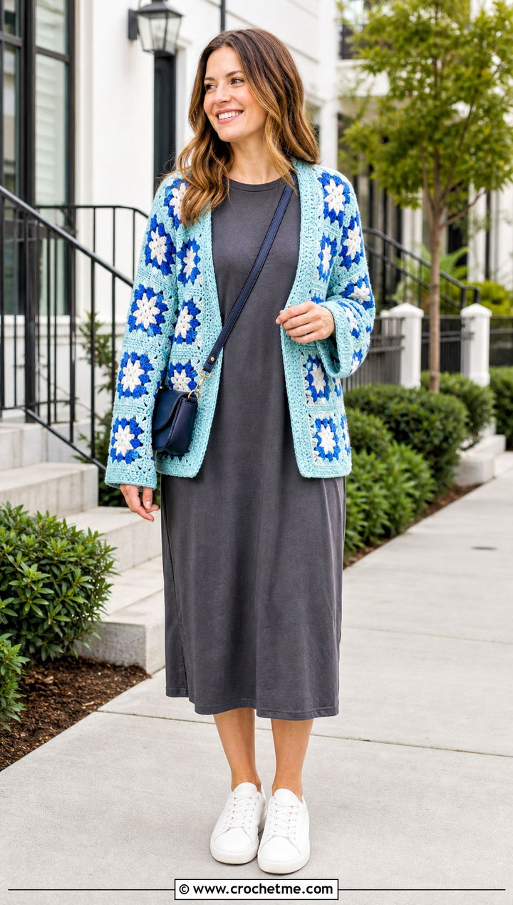 Reversible Crochet Star Granny Square Cardigan With T Shirt Dress - 25 Crochet Star Granny Square Cardigan outfit ideas