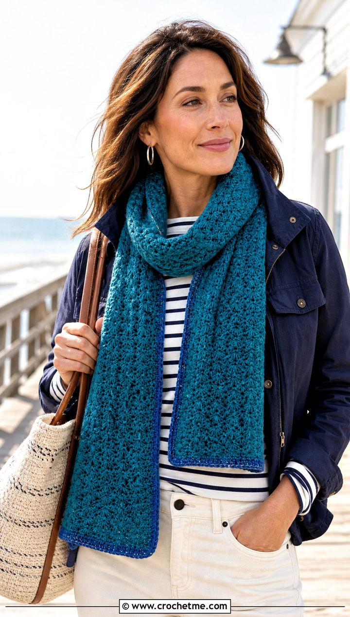 Reversible Crochet Star Stitch Scarf With Coastal Outfit - 25 Crochet Star Stitch Scarf outfit ideas