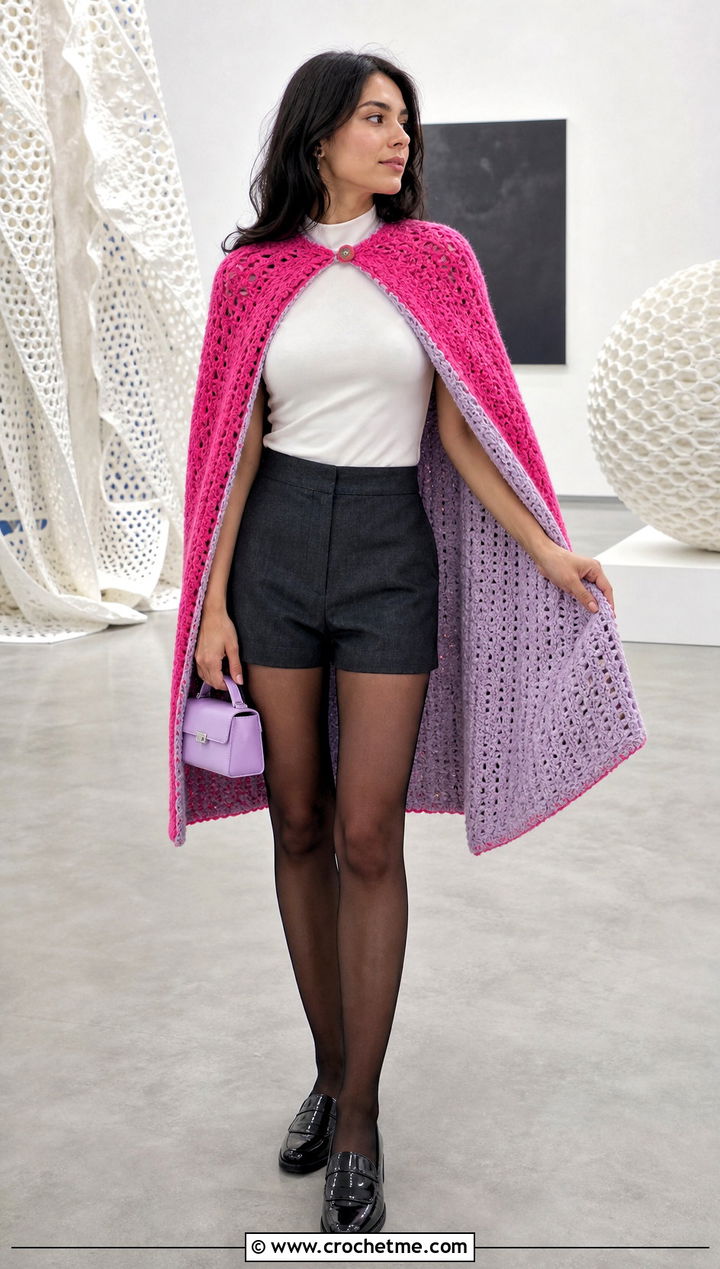 Reversible Crochet Super Hero Cape With Tailored Shorts - 25 Crochet Super Hero Cape outfit ideas