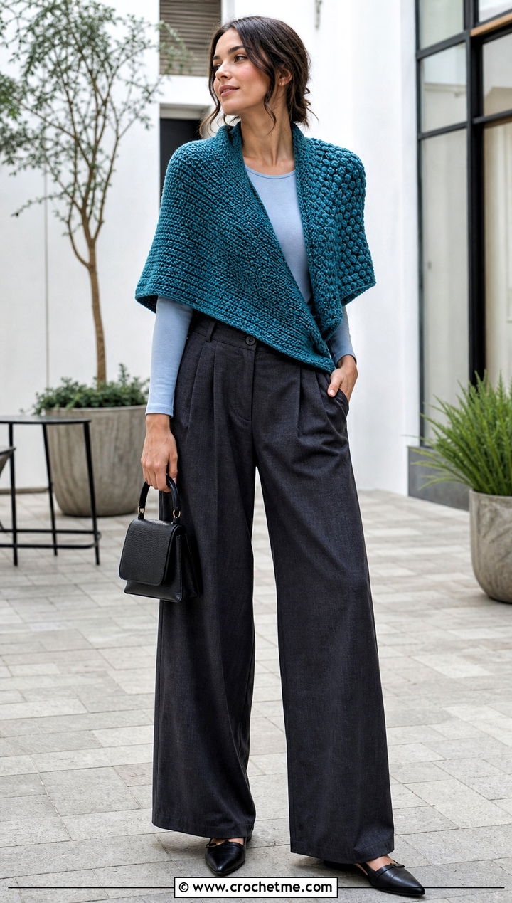 Reversible Crochet Sweater Wrap With Wide Leg Trousers - 30 crochet sweater wrap outfit ideas