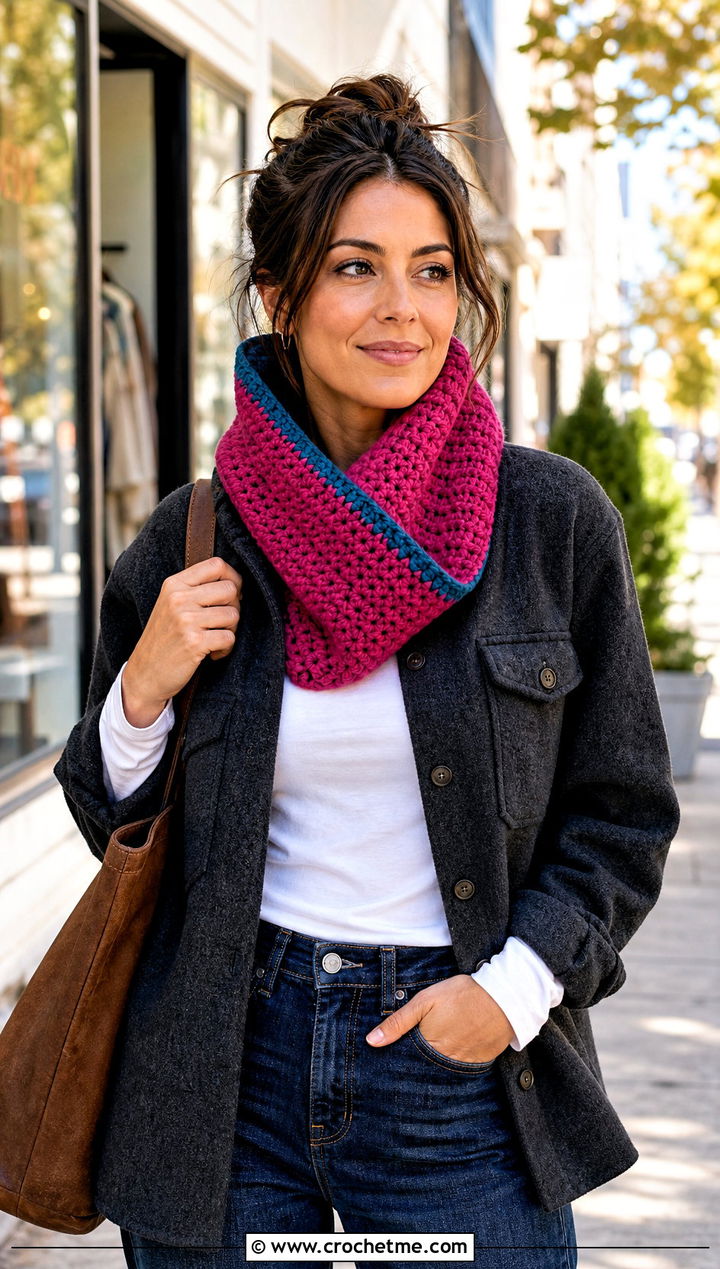 Reversible Crochet Tube Scarf With Shacket - 20 Crochet Tube Scarf outfit ideas