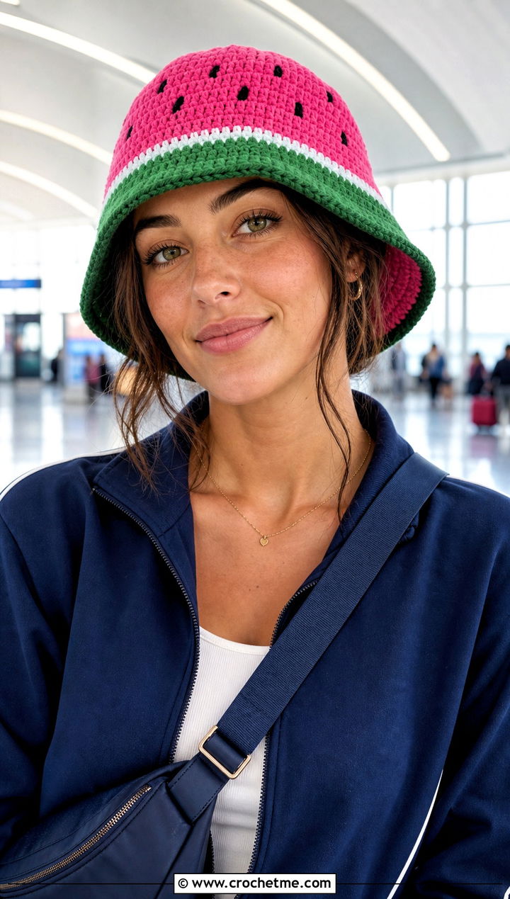 Reversible Crochet Watermelon Bucket Hat With Matching Tracksuit - 30 crochet watermelon bucket hat outfit ideas