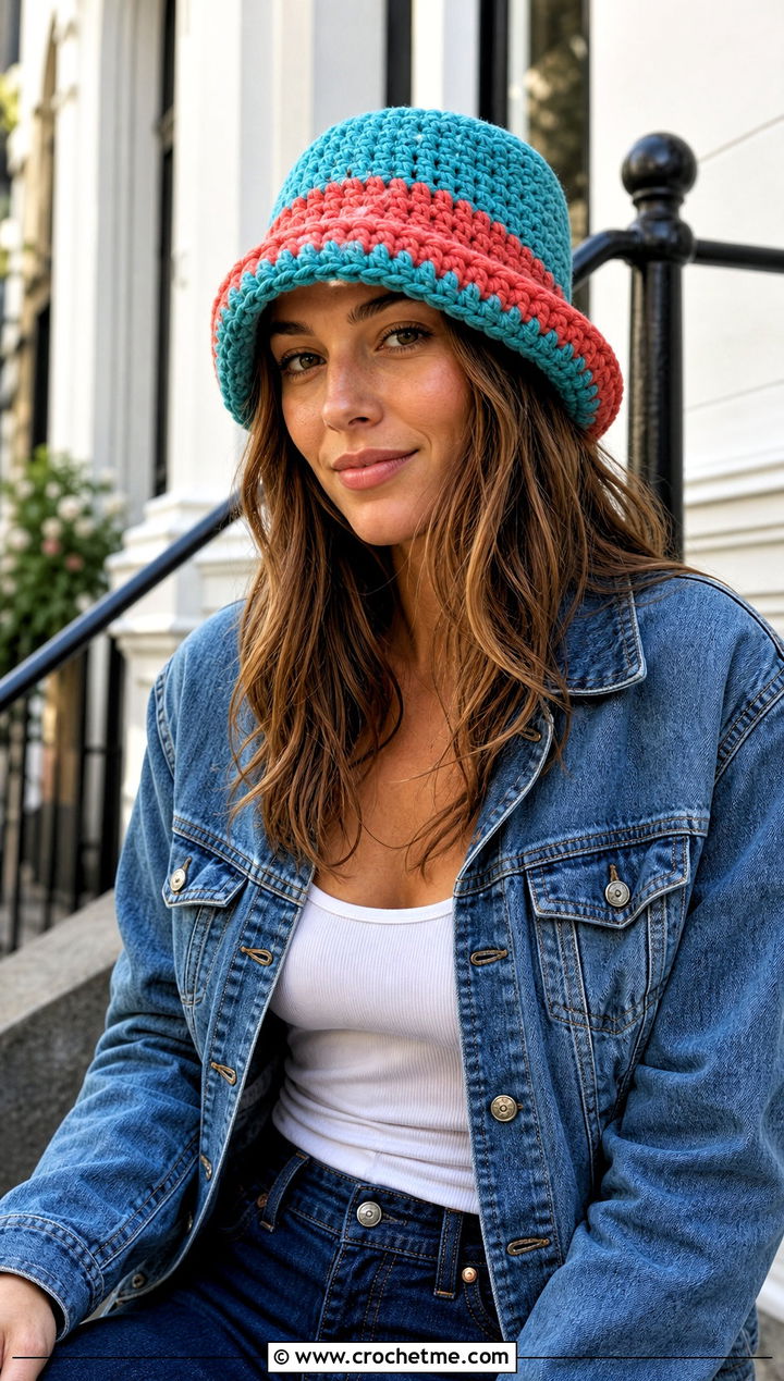 Reversible Double Brim Crochet Beanie With Double Denim - 30 two color crochet beanie outfit ideas