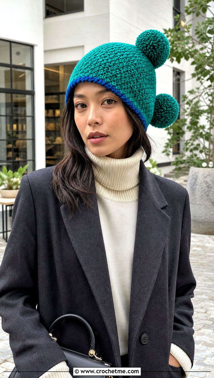 Reversible Double Pom Pom Beanie With Tailored Shorts - 25 Crochet Double Pom Pom Hat outfit ideas