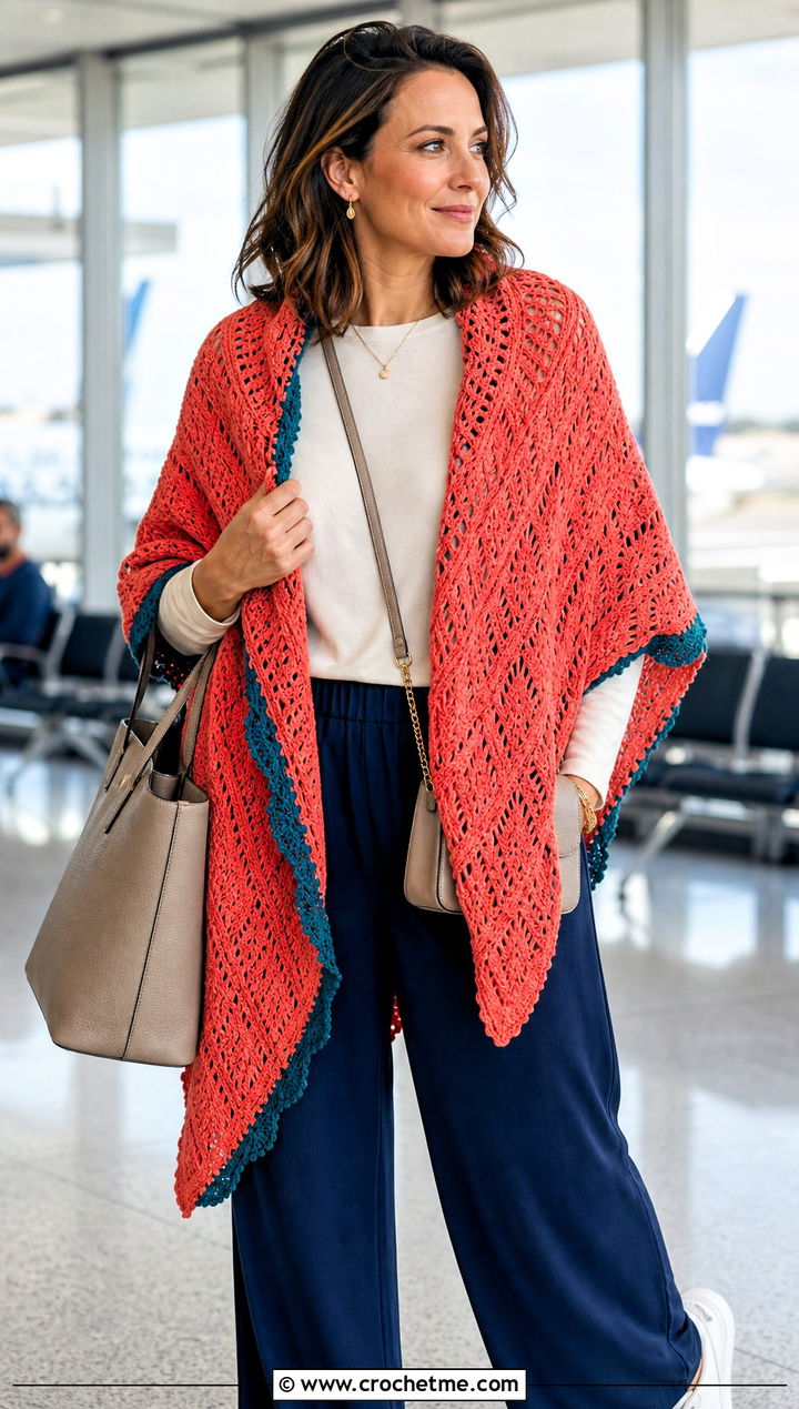 Reversible Feather Crochet Shawl With Travel Outfit - 30 crochet feather shawl outfit ideas
