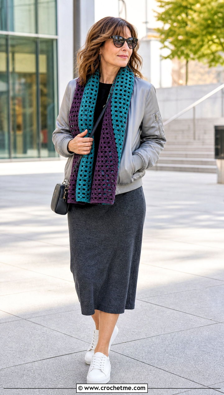 Reversible Filet Crochet Scarf With A Bomber And Knit Skirt - 35 filet crochet scarf outfit ideas