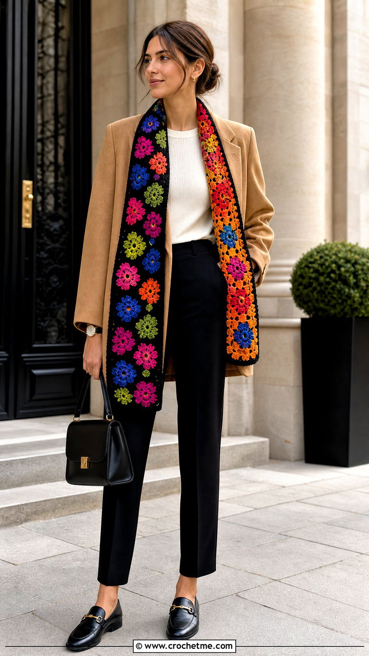 Reversible Flower Crochet Scarf With Blazer And Tailored Trousers - 35 crochet flower scarf outfit ideas
