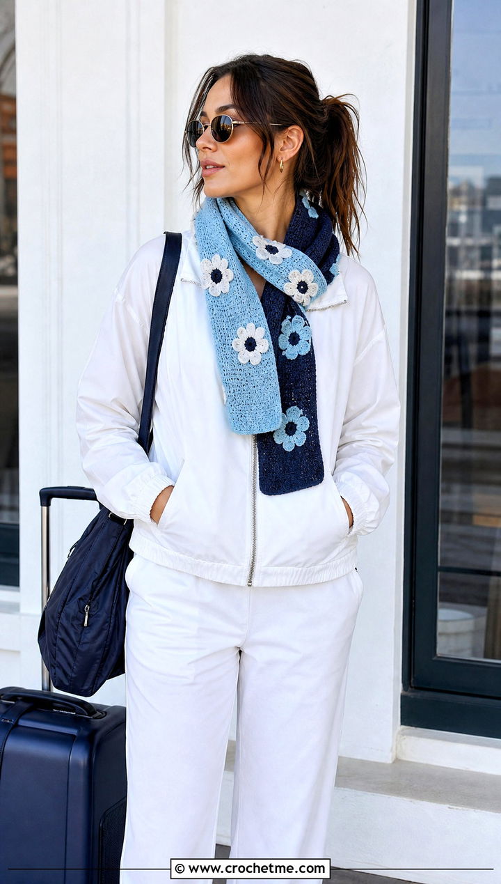 Reversible Flower Scarf With Track Jacket - 30 crochet scarf with flowers outfit ideas