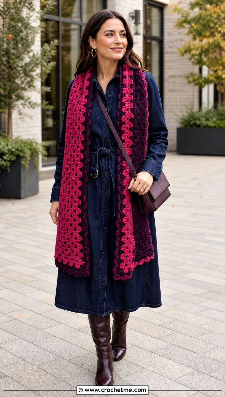 Reversible Granny Scarf With Denim Dress - 35 granny crochet scarf outfit ideas
