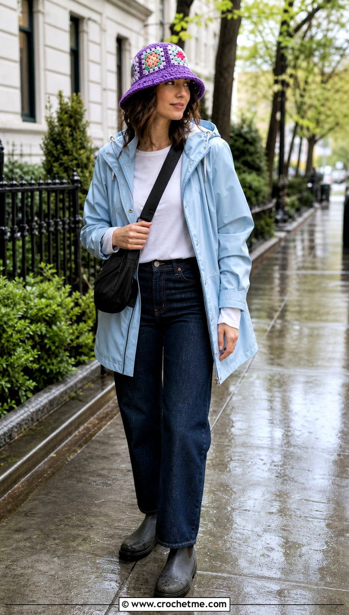 Reversible Granny Square Bucket Hat With Raincoat And Jeans - 35 granny square hats outfit ideas