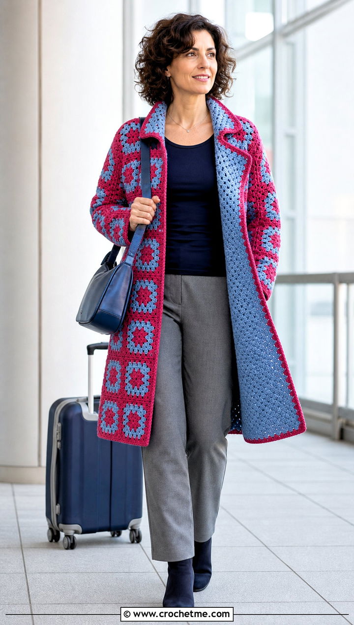 Reversible Granny Square Coat With Neutral Basics - 30 granny square coat outfit ideas