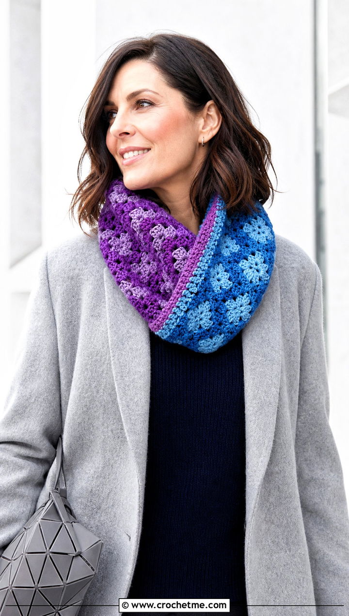 Reversible Granny Square Cowl With Minimalist Coat - 25 Granny Square Cowl outfit ideas