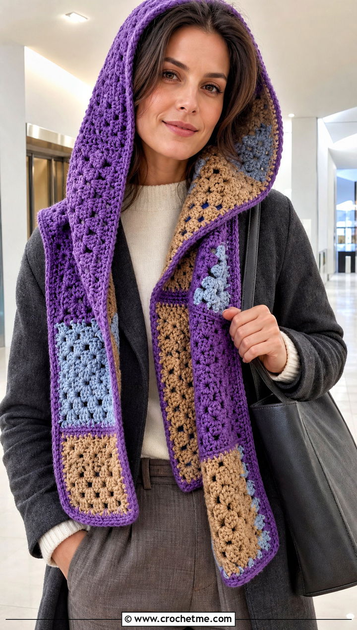 Reversible Granny Square Crochet Hooded Scarf With Minimalist Separates - 30 Granny Square Crochet Hooded Scarf outfit ideas