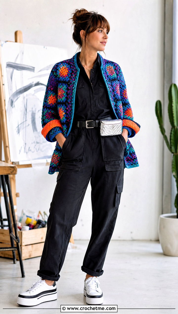 Reversible Granny Square Jacket With Utility Jumpsuit - 30 crochet granny square jacket outfit ideas