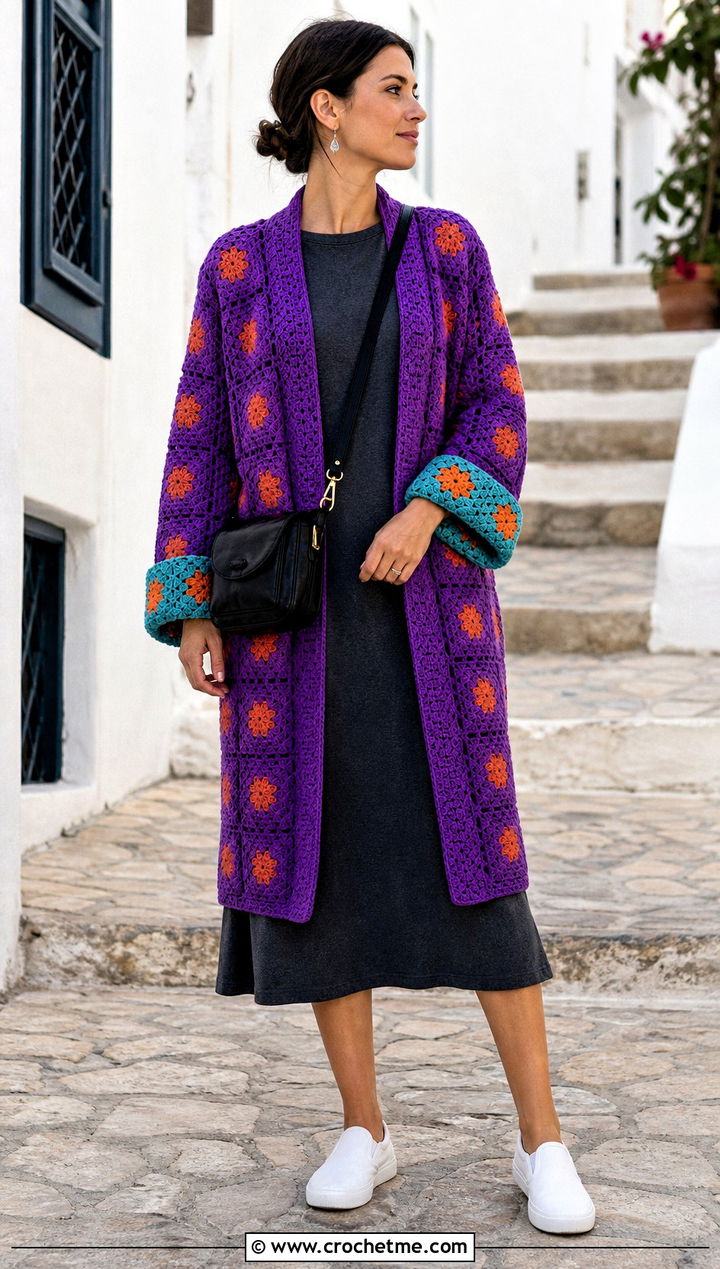 Reversible Granny Square Kimono With T Shirt Dress - 30 granny square kimono outfit ideas