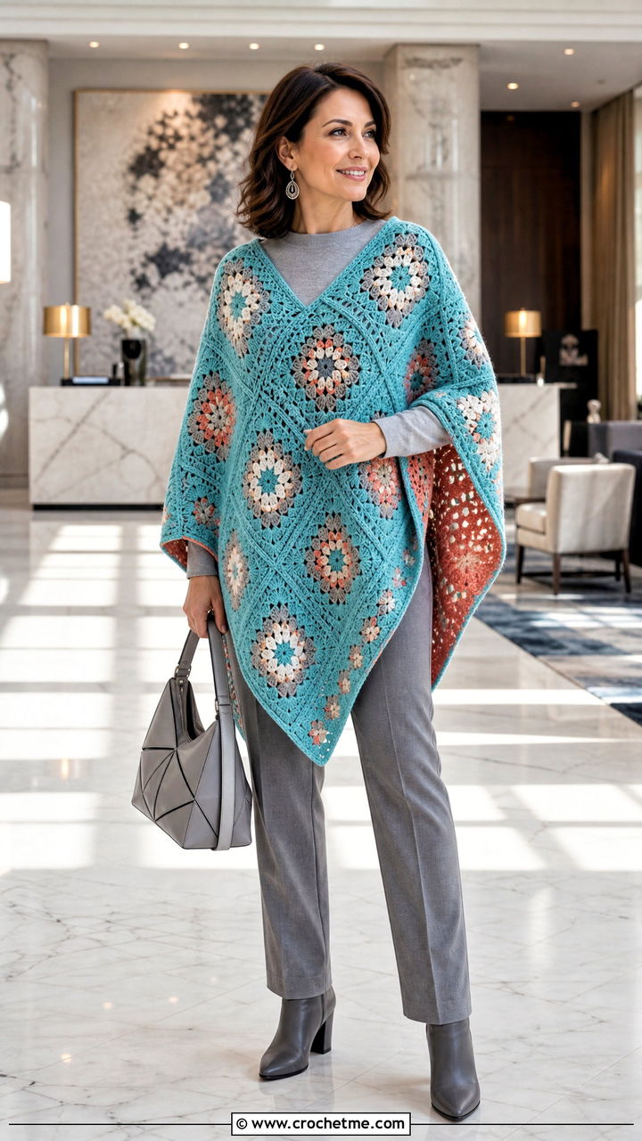 Reversible Granny Square Poncho With Monochrome Outfit - 35 crochet granny square poncho outfit ideas