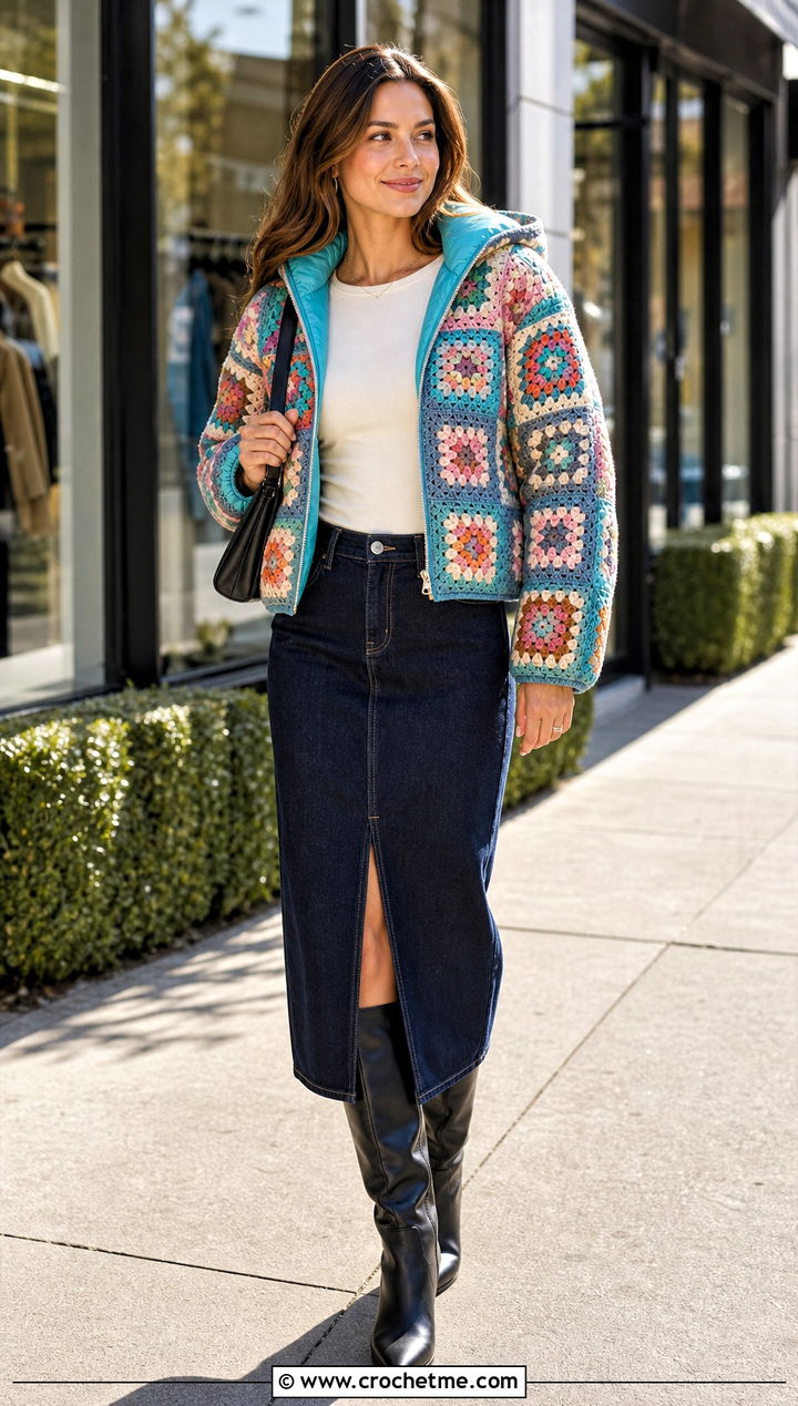 Reversible Granny Square Puffer Jacket With Denim Midi Skirt - 15 granny square puffer jacket outfit ideas
