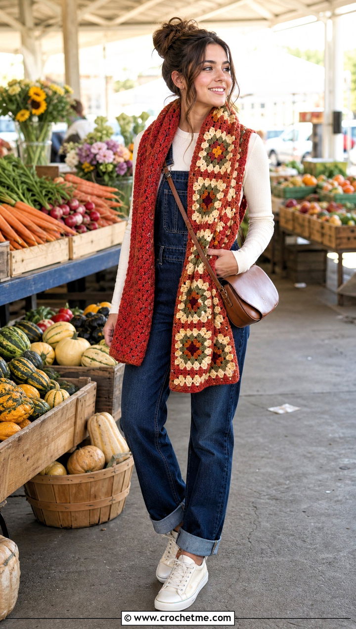 Reversible Granny Square Scarf With Overalls And Long Sleeve Tee - 35 granny square crochet scarf outfit ideas