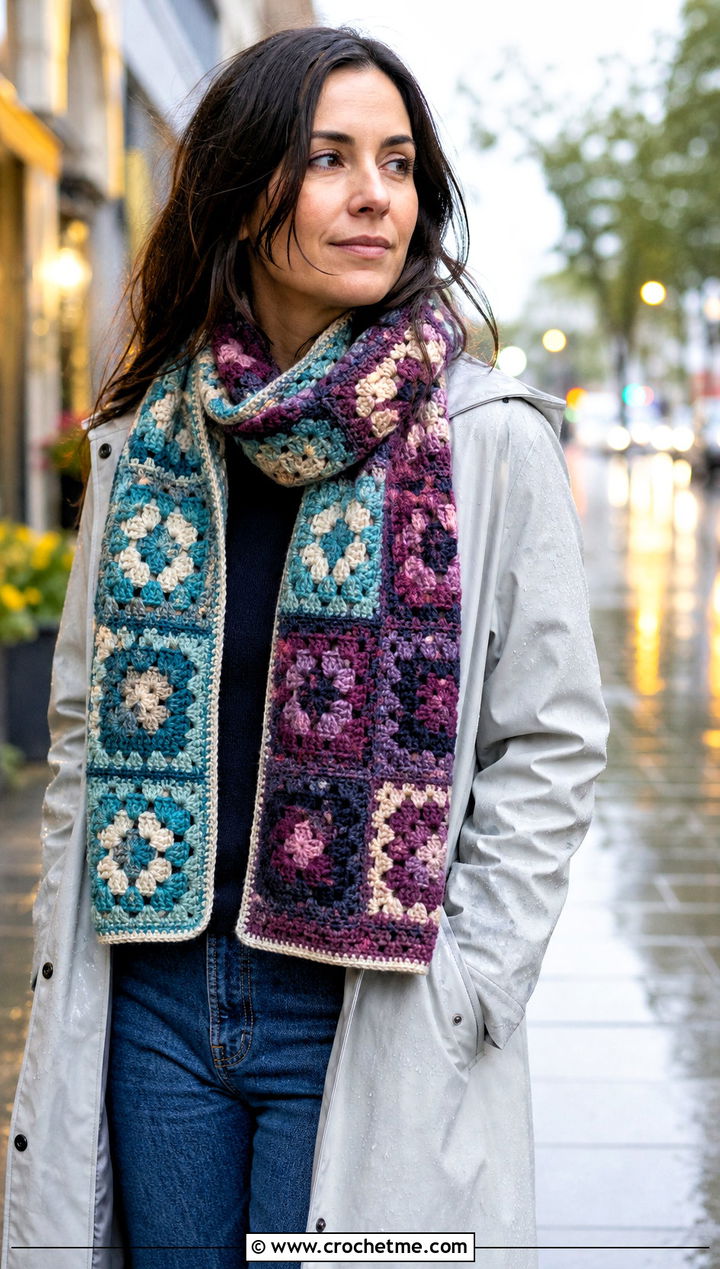 Reversible Granny Square Scarf With Raincoat And Straight Leg Jeans - 30 crochet scarf squares outfit ideas