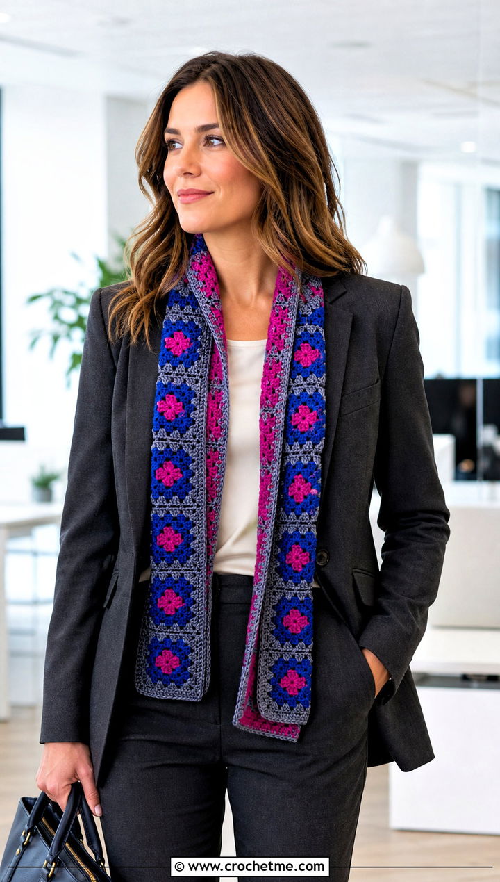 Reversible Granny Square Scarf With Tailored Suit - 30 crochet granny square scarf outfit ideas